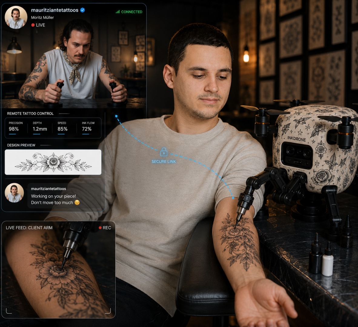 Remote artist teleoperating the Inkdrone over a live secure link while it inks a floral piece on a client's forearm